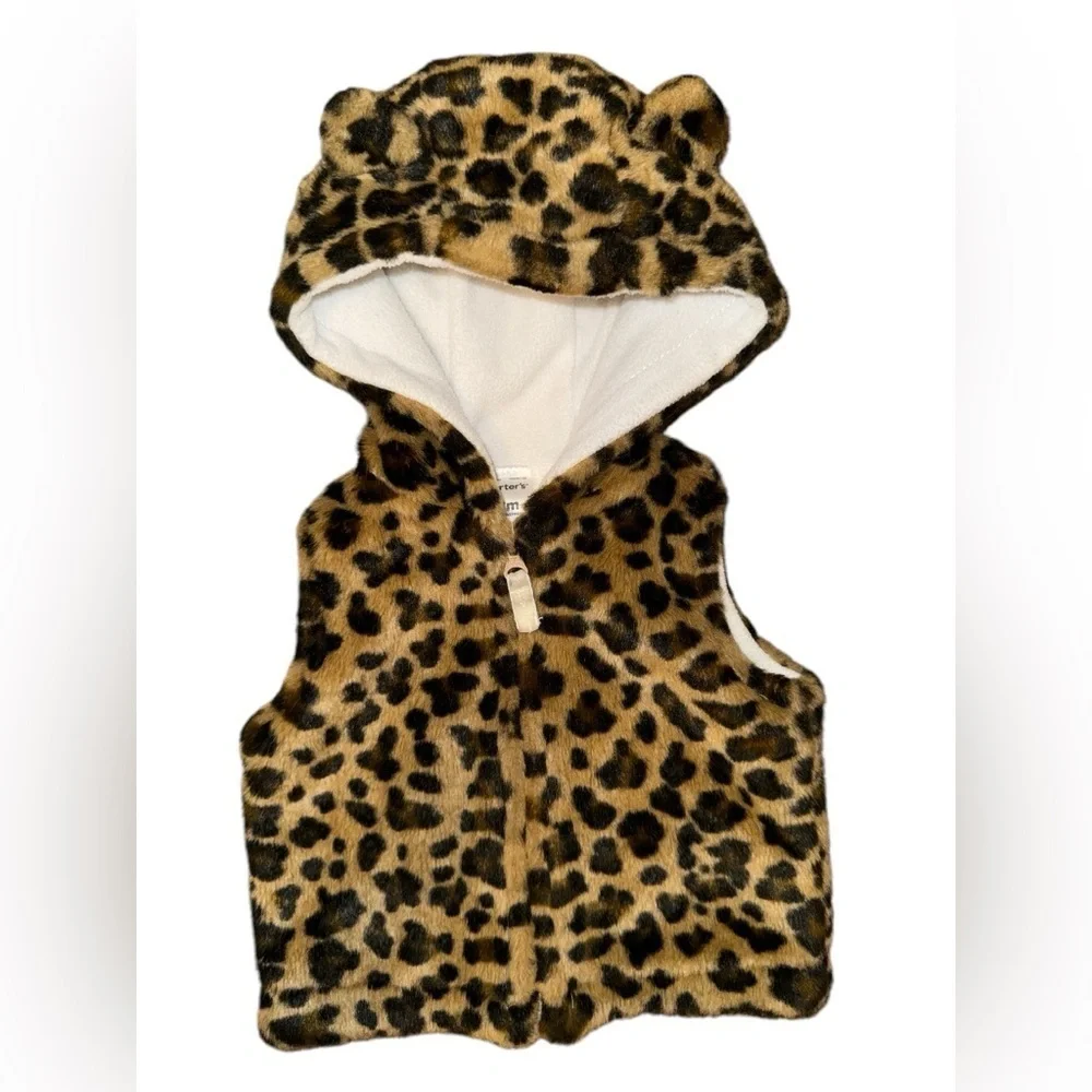 Carters Leopard Faux Fur Hooded Vest Full Zip Sleeveless Infant Jacket #109